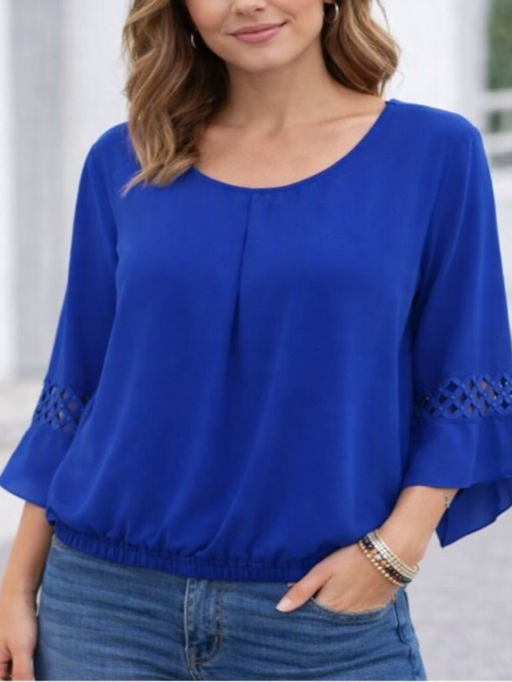 AB Studio Royal Blue Cutout Sleeve Flowy Scoop Neck Blouse Top L Boho Casual